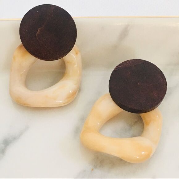Dark Brown Wood Marble Look Drop Earrings NWT - Picture 3 of 7